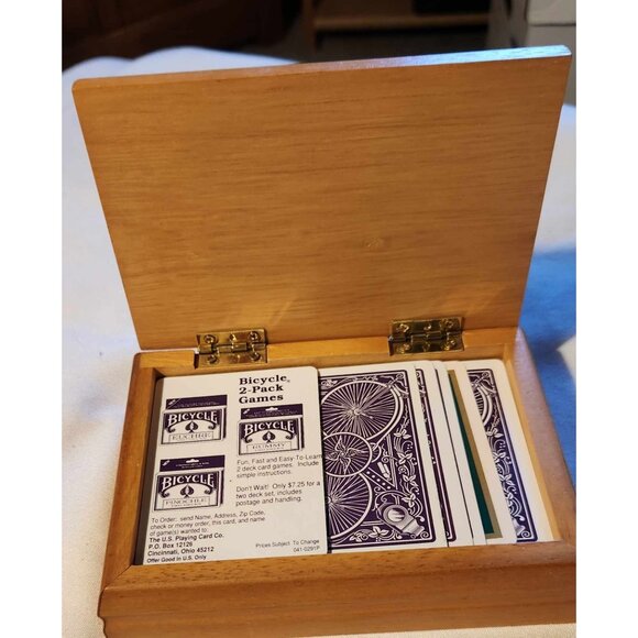 Handcrafted Wooden Playing Card Box With Fish Carving & Bicycle Cards - Picture 3 of 4